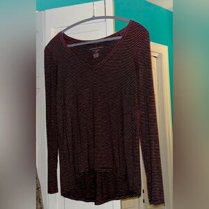 American eagle women’s maroon and white striped V-neck long sleeve tee, size XS